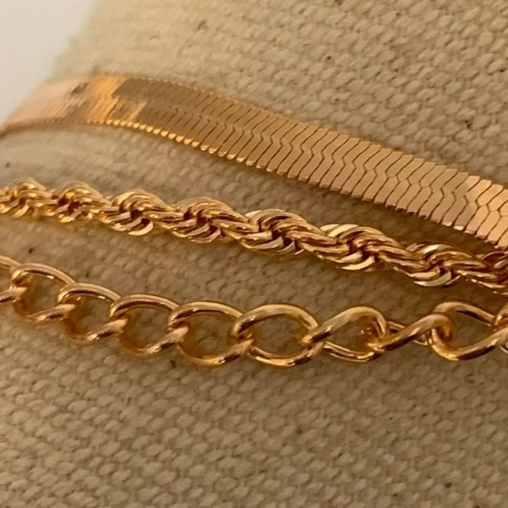 Triple Strand Gold Tone Chain Necklace, Layered Stacked